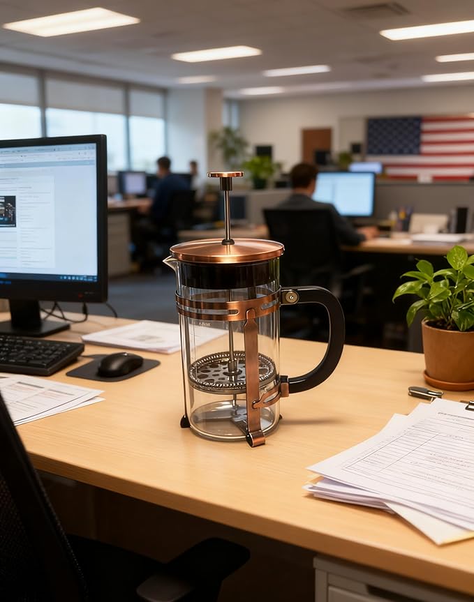 Coffee Maker 304 Stainless Steel French Press with 4 Filter, Heat Resistant Durable, Borosilicate Glass Coffee Press, 100% BPA Teapot, 34 ounce, copper