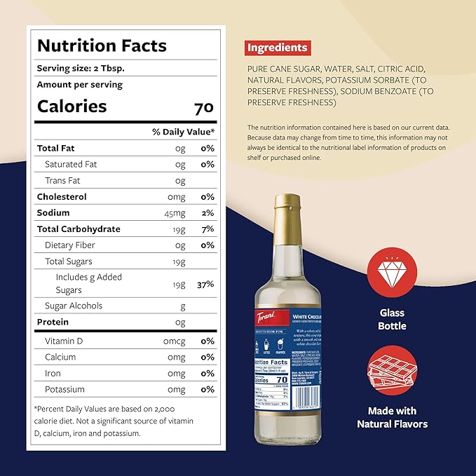 Torani Coffee Syrup, White Chocolate Flavored Syrup for Drinks, Pump Included, 25.4 Fl Oz