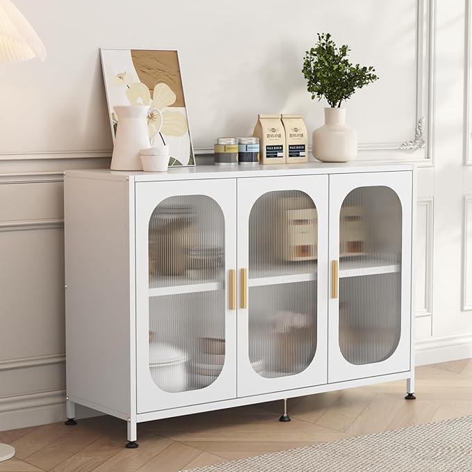 ZZL Sideboard Buffet Cabinet, Outdoor Storage Cabinet, 3 Doors, Metal,Resisting Ccratches, Rust, Adjustable Shelf for Kitchen,Coffee Bar, Garden, Entryway, Table Cupboard, (Length 48'' White)