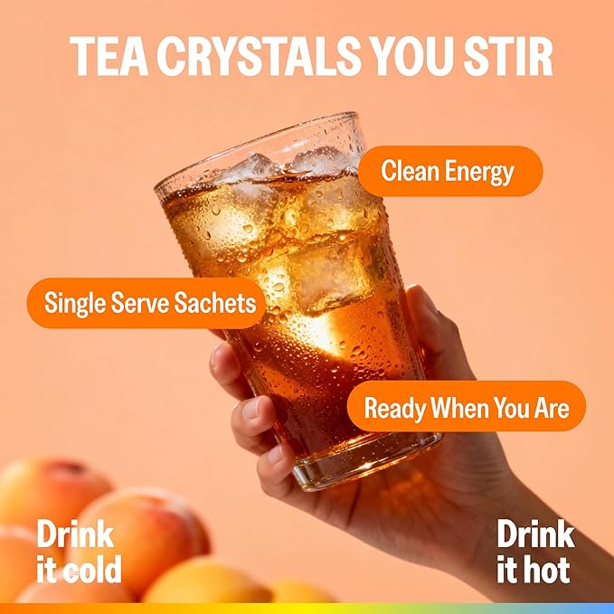 VeryVery Good Tea, Peach Energy With Green Tea Caffeine and L Theanine, Dissolving Crystals for Hot or Cold Drinks, Sugar Free Functional Powder Drink Mix, Vegan, Gluten Free, Non GMO, 10 Servings