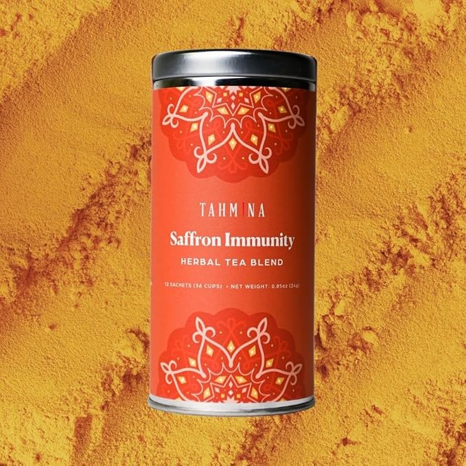 Tahmina Saffron Immunity Caffeine Free Tea: Calming Turmeric and Ginger with Afghan Saffron, 12 Biodegradable Pyramid Tea Bags, Makes 36 Cups of Tea (1 Pack)