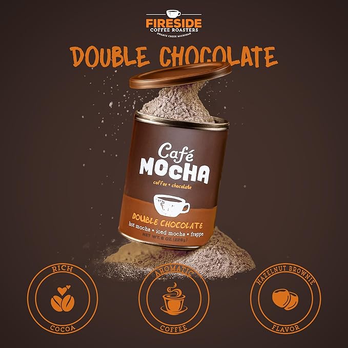 Fireside Coffee Double Chocolate Cafe Mocha - Instant Coffee Chocolate Blend - Premium Caffeinated Drink Mix for Hot, Iced, Milkshake, and Mocha Frappe Mix, Only Add Water and Enjoy, 8 Ounces