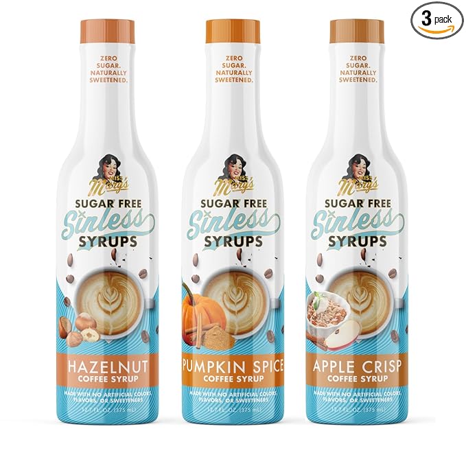 Miss Mary’s Sinless Syrups Fall Collection - Stevia Based, No Sugar Alcohols or Sucralose, No Artificial Sweeteners, Natural Ingredients, Coffee Tea Cocoa Dessert, Keto Friendly. 3 Pack Includes Apple Crisp, Hazelnut, and Pumpkin Spice.