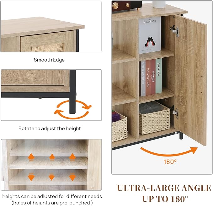 ALBAD Boho Sideboard Buffet Cabinet with 3 Tier Storage Shelves and Rattan Doors Rustic Farmhouse Coffee Bar Console Table for Living Room, Kitchen, Dining Room, Home Entryway