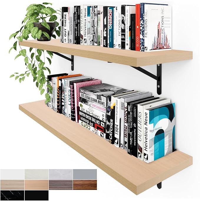Kaboon 36 inch Long 10 inch Deep Floating Shelves for Wall Set of 2, Large Open Shelves Wall Mounted, Space Saving Home and Commercial Use, Light Walnut