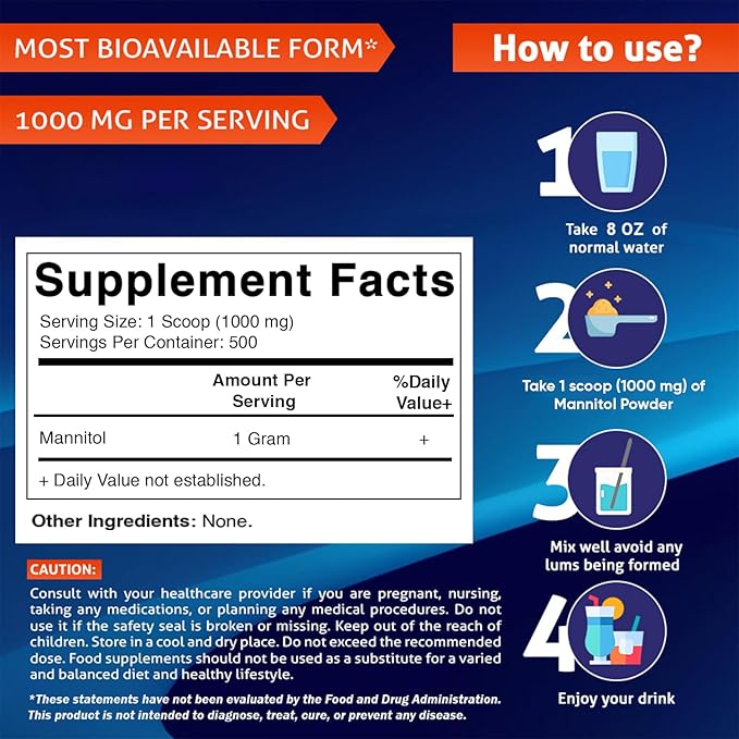 Vitamatic Mannitol Powder - Sweetener, Sugar Substitute, Natural & Gluten Free, 1000 mg per Servings, 500 Servings, 500 Gram