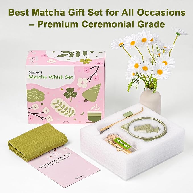 Artisan Ceramic Matcha Set, 7Pcs Japanese Matcha Whisk Kit with Speckled Glaze Bowl, Bamboo Chasen & Sifter - Elegant Tea Ceremony Gifts for Women & Men, Premium Home Essentials (Green)