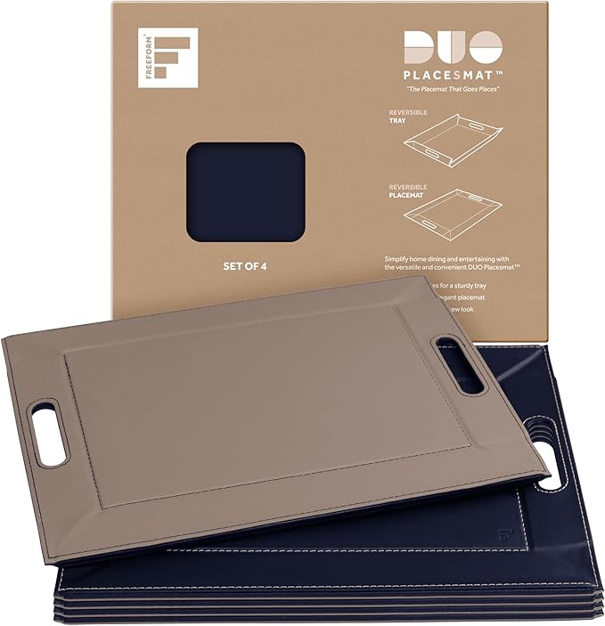 PLACEsMAT 2-in-1 Faux Leather Placemat & Serving Tray | Reversible Design, Lays Flat & Easy to Clean | Ottoman Food Tray, Perfect Housewarming Gift, 18” x 14” (Blue & Taupe, Set of 4)