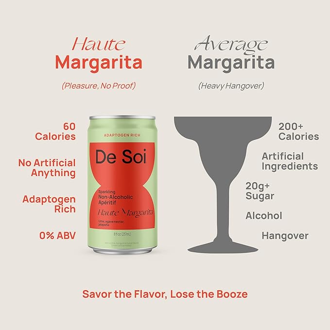 De Soi Haute Margarita Mocktails NA Drinks 8 fl oz (12-pack) - Adaptogen Drink, Sparkling Drink with Calming Botanicals, Mocktail Drinks, Gluten Free, No Artificial Flavors