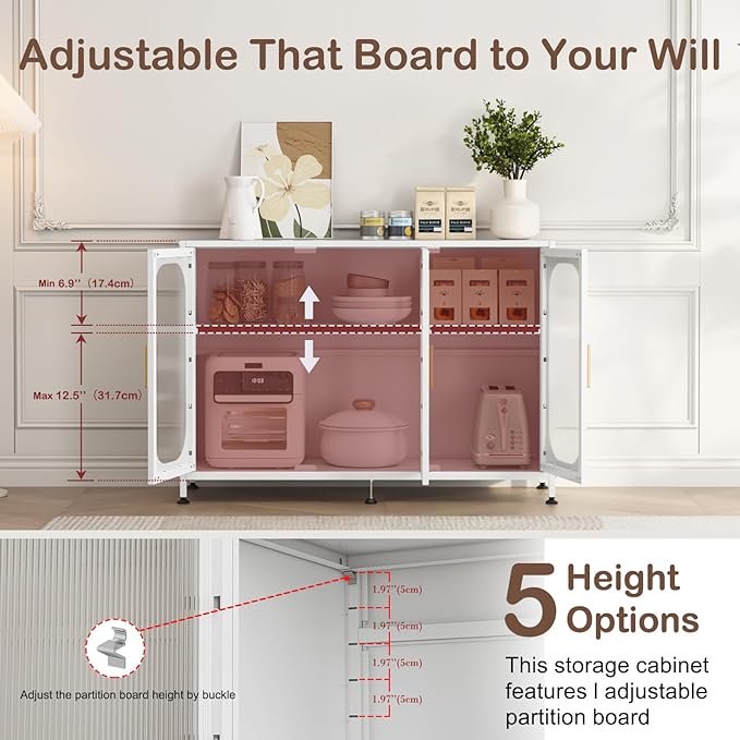 ZZL Sideboard Buffet Cabinet, Outdoor Storage Cabinet, 3 Doors, Metal,Resisting Ccratches, Rust, Adjustable Shelf for Kitchen,Coffee Bar, Garden, Entryway, Table Cupboard, (Length 48'' White)
