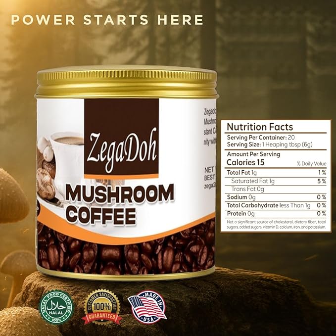 ZegaDoh Mushroom Coffee with 6 Adaptogenic Mushrooms , Genseng Extract and Maca Root Extract USA Grown Instant Coffee for Better Energy, Focus, Digestion, Immunity with Lions Mane & Turkey Tail Extract 33 servings medium-roast Instant Coffee