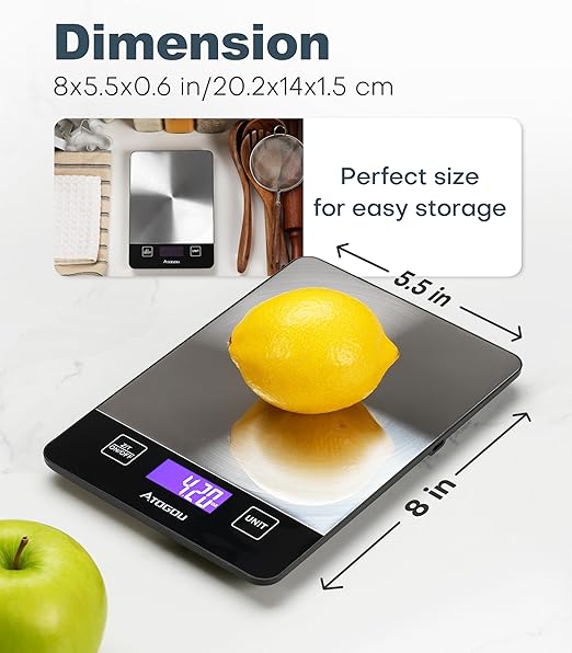 Atogou Food Scale, 33lb Rechargeable Kitchen Scale with Full-View Backlit LCD Display, Waterproof Stainless Steel Surface, Type-C Charging, Grams and Ounces for Baking, Cooking, Food Black