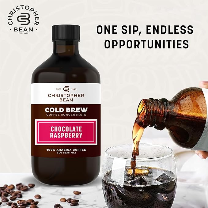 Christopher Bean Hand Crafted Chocolate Raspberry Flavored Coffee - Certified Kosher - Unsweetened Cold Brew & Iced Instant Coffee Distillate Liquid Java - Extract 100% Arabica, (8-Ounce), 236 ml