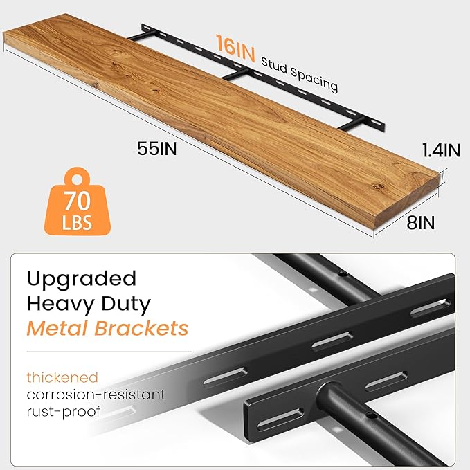 Fun Memories 55" Floating Shelves for Wall, Rustic Solid Elm Wood Floating Shelves - Invisible Bracket Mount, Extra Long Wall Mounted Shelf for Living Room, Bathroom, Bedroom, Kitchen, Natural