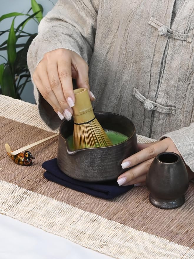 Artcome Matcha Tool Set - Complete Kit with Matcha Bowl with Spout, Bamboo Whisk, Tea Scoop, Whisk Holder, Scoop Holder, Tea Cloth & Powder Strainer, Antique Finish