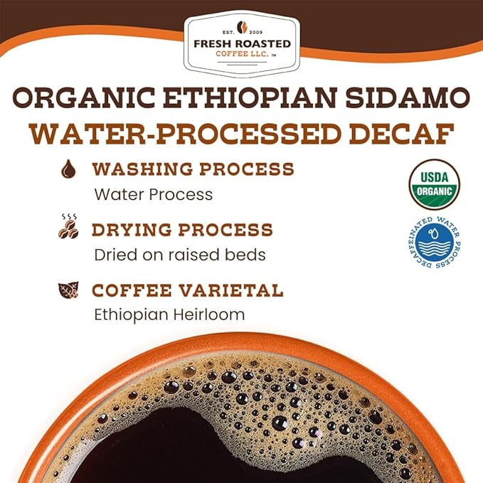 Fresh Roasted Coffee, Organic Ethiopian Sidamo Water-Processed Decaf | USDA Organic, 100% Single Origin, Kosher | Medium Roast 12 oz Whole Bean