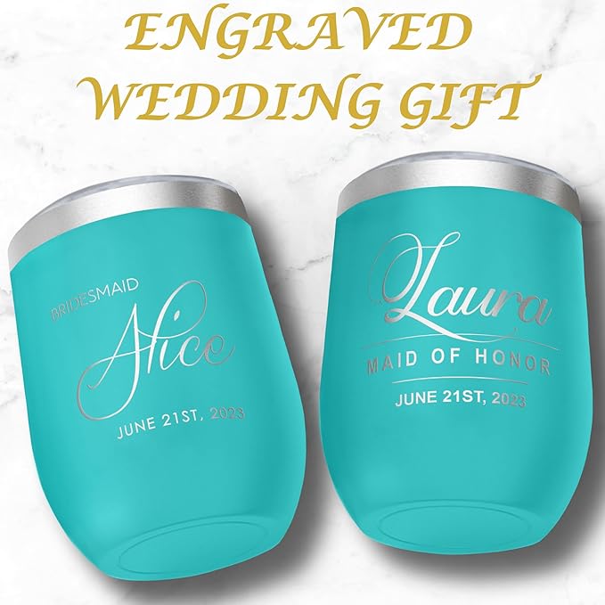 Gifts Inscribed Personalized Wine Tumbler with Lid – Teal Custom Engraved Stainless Steel Insulated Mug for Hot & Cold Drinks – Customized Bridesmaid, Wedding, or Birthday Gift