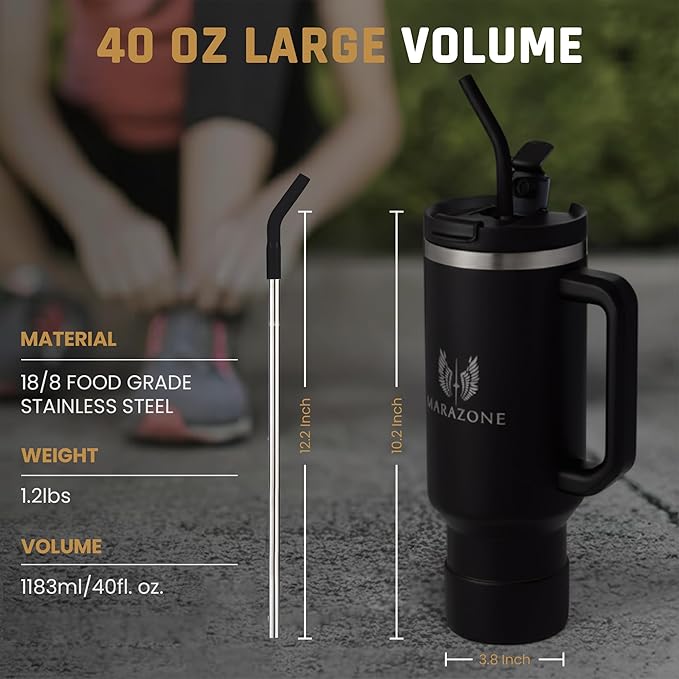 40 oz Insulated Tumbler with Handle and Straw – Stainless Steel Double Wall Vacuum Cup Fits Car Cup Holder, Hot Cold Travel Mug, BPA Free Reusable Water Bottle for Men Women - Midnight Black