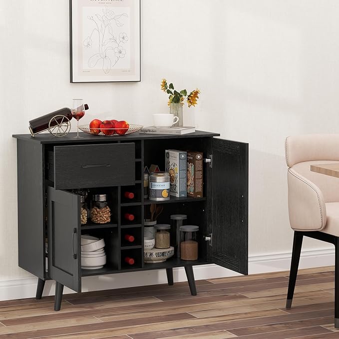 Buffet Cabinet with Storage, Liquor Cabinet w/ 6-Bottle Wine Rack, 1 Drawer & 2 Doors, Wood Buffets & Sideboards, Farmhouse Coffee Bar Table for Kitchen, Dining Living Room, Entryway (Black)