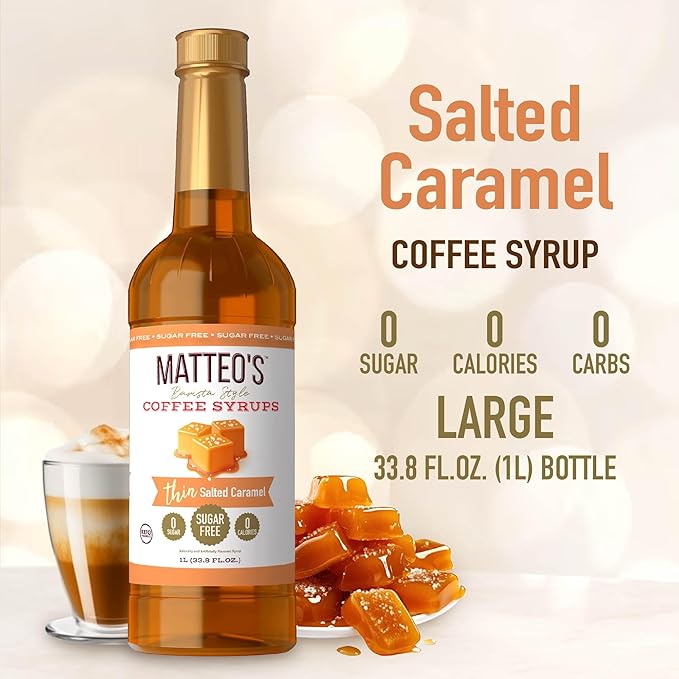 Matteo's Salted Caramel Syrup for Coffee, Lattes, Cappuccinos & Desserts – Sugar-Free Sweetener for Beverages, Keto Friendly, Zero Calories, Indulgent Flavor, Non-Alcoholic, 33.8oz (6pk)