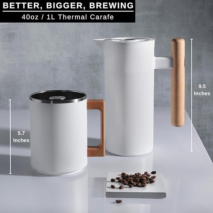 HASTINGS 40 Oz Pour Over Coffee Maker Set with Double Layer Reusable Stainless Steel Filter 8-Cup and Wood Handle - Dual Wall Heat Resistant Drip Coffee Brewer, Pour Over Coffee Dripper Carafe, White