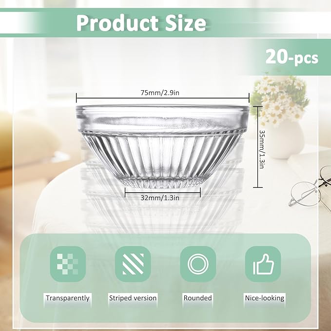 20 Pack 2.8 In Small Glass Bowls Clear, 2.5 Oz Stackable Mini Prep Bowls, Tiny Pinch Sauce Dish for Dipping Ingredient Condiment Spices Food Dessert Soy Kitchen (Clear)