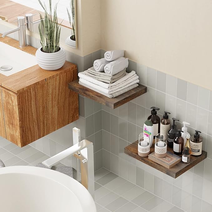 Rustic Brown 12 Inch Deep Floating Shelves for Wall - Set of 2, Wood Shelving Live Edge Shelves Display for Storage, Bathroom & Living Room, Bedroom, Kitchen, Office