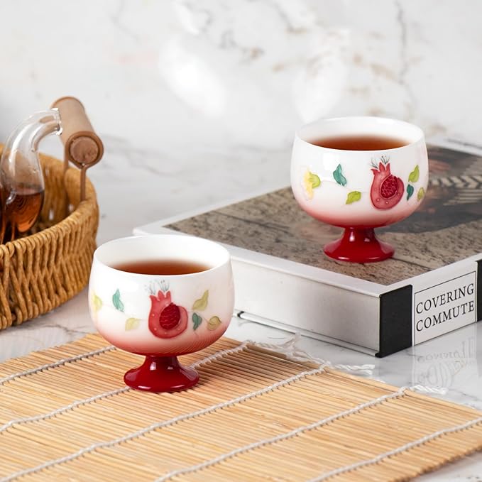 KAMMAK Tea Cup, 3oz Small Tea Cups Set of 2, Gradient Red Porcelain Tea Set for Home, Tea Party, Cute Hand-painted Ceramic Teacups with Short Stem, Chinese Kungfu Tea Set for Hot/Cold Drink