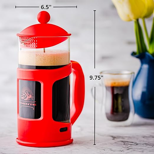 OVENTE French Press Coffee Maker 34 Ounce with Heat Resistant Borosilicate Glass & Stainless Steel 4-Level Filtration System, Portable Cold Brew Coffee Maker for Travel, Camping or Gift, Red FPT34R
