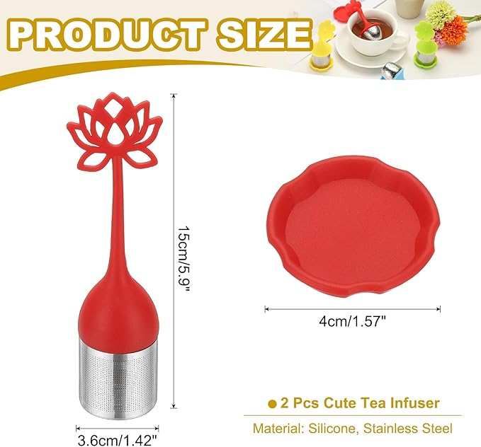 uxcell 2 Pcs Lotus Tea Infuser, Stainless Steel Loose Leaf Tea Steeper Filter with Silicone Handle Reusable Thin Pores Mesh Strainer Diffuser for Teacups Teapots Mugs, Red