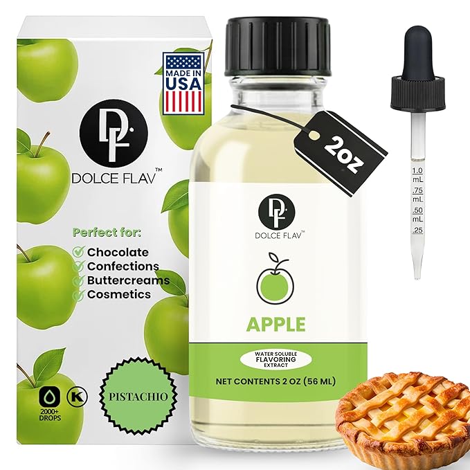 Dolce Flav Apple Extract – 2 Ounce Oil-Soluble Kosher, Sugar-Free, Concentrated Crisp Apple Flavoring for Baking, Chocolates & Desserts, Includes Measured Dropper