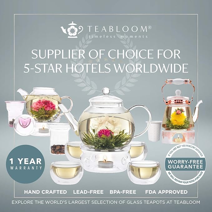 Teabloom Elegant Non-Toxic Loose Tea Glass Infuser – Perfect for Whole-Leaf White, Green, Oolong, Black & Herbal Teas – Lead-Free – Small or Large Size