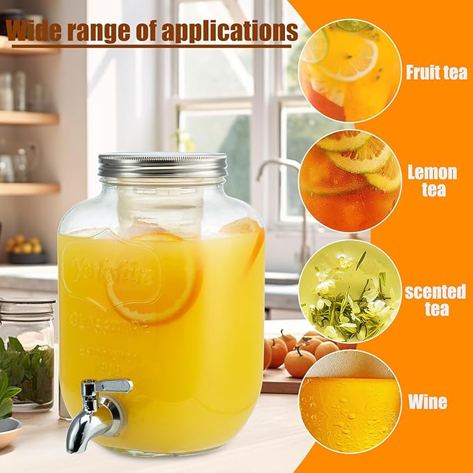 1 Gallon Glass Drink Dispensers for Parties, 2PACK Beverage Dispenser with Stand, Ice Cylinder and Stainless Steel Spigot 100% Leakproof, Beverage Dispenser for Lemonade Sun Tea