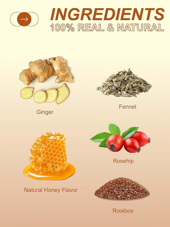TeeLux Honey Ginger Tea Bags, Warming Blend with Ginger, Fennel, Rooibos & Rosehips, Smooth & Spicy, Caffeine Free, 100 Count