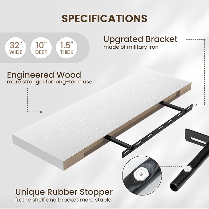 Fun Memories Floating Shelves for Wall, 32 Inch Long Floating Shelves Set of 2, 32 x 10 Wooden Shelves for Wall, Large Storage Shelves, Hanging Shelves for Bathroom Kitchen Bedroom, White
