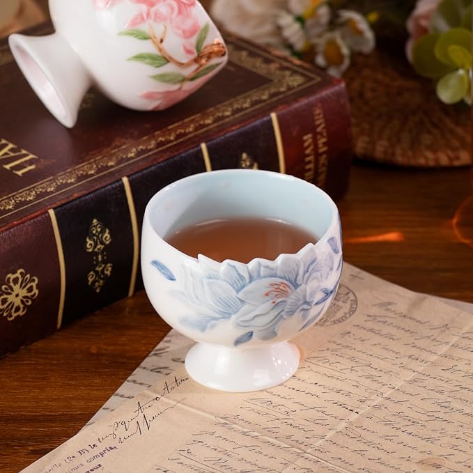 KAMMAK Tea Cup, 3.2oz Small Tea Cups Set of 2, Red and Blue Floral Porcelain Tea Cup Set, Ceramic Teacups for Home, Party, Office, Chinese Kungfu Tea Set for Hot/Cold Drink, Qingji Jade Clay