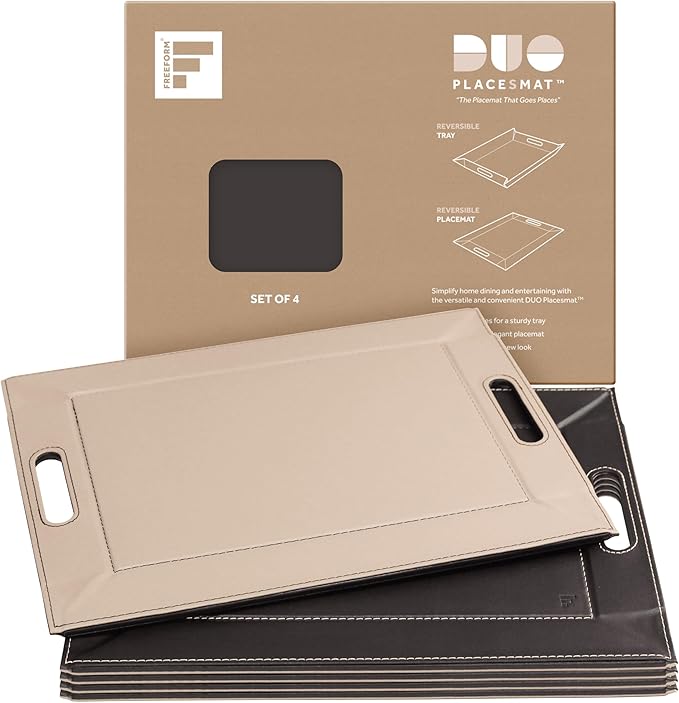 PLACEsMAT 2-in-1 Faux Leather Placemat & Serving Tray | Reversible Design, Lays Flat & Easy to Clean | Ottoman Food Tray, Perfect Housewarming Gift, 18” x 14” (Chocolate & Cream, Set of 4)