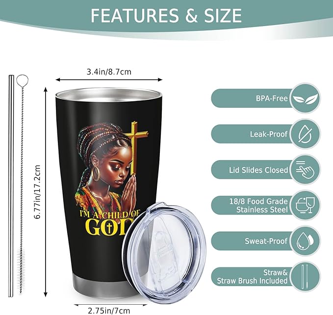 Africian American Christian Gifts for Women, 20oz Religion Gifts Coffee Mugs, Afro Black Mom Gift Tumbler, Christian Tumbler for Women Faith
