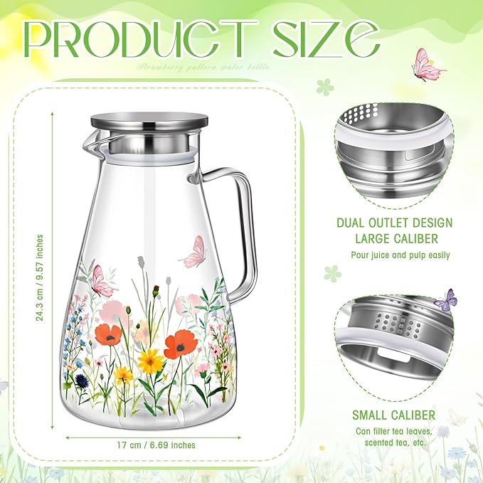 Domensi 74 oz / 2200 ml Glass Pitcher with Lid Water Pitcher with Handles Beverage Water Jar Glass Jug Hot and Cold Resistant Carafe for Tea Juice Milk Coffee Iced Beverage(Wild Flower)