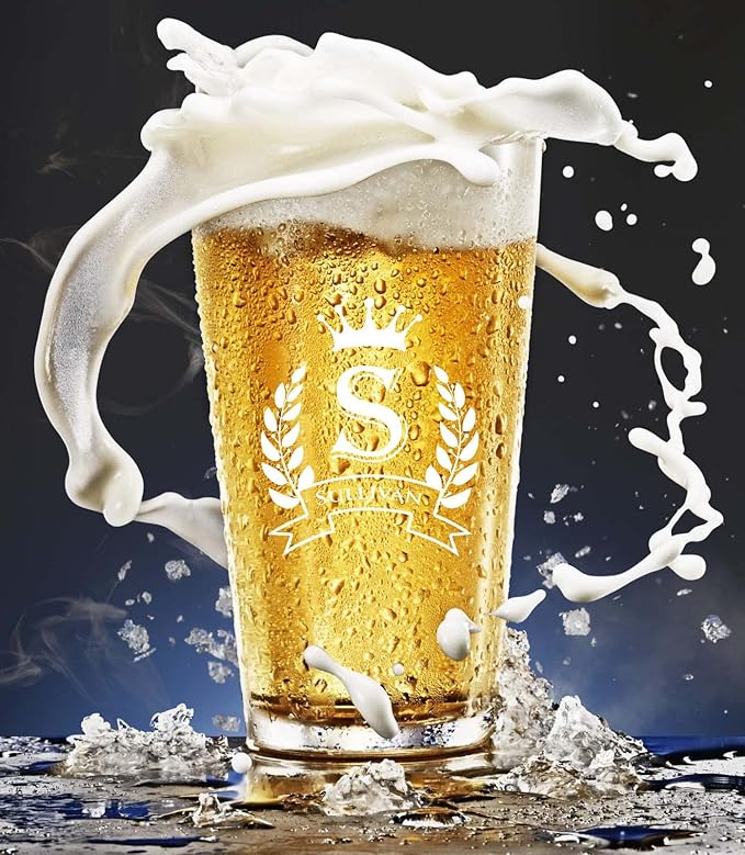 Custom Personalized Set of 4 Beer Glasses w/Grey Slate Coaster, Engraved Pint Glasses for Beer and Soda, Personalized Bar Coasters (4"x4") for Him