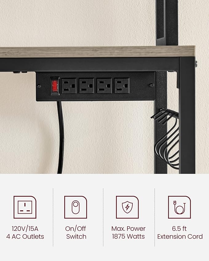 VASAGLE Bakers Rack with Power Outlet, Microwave Stand, Kitchen Tall Utility Storage Shelf, with Metal Wire Panel, 14 Hooks, 15.7 x 31.5 x 66.9 Inches, Heather Greige and Ink Black UKKS025B02