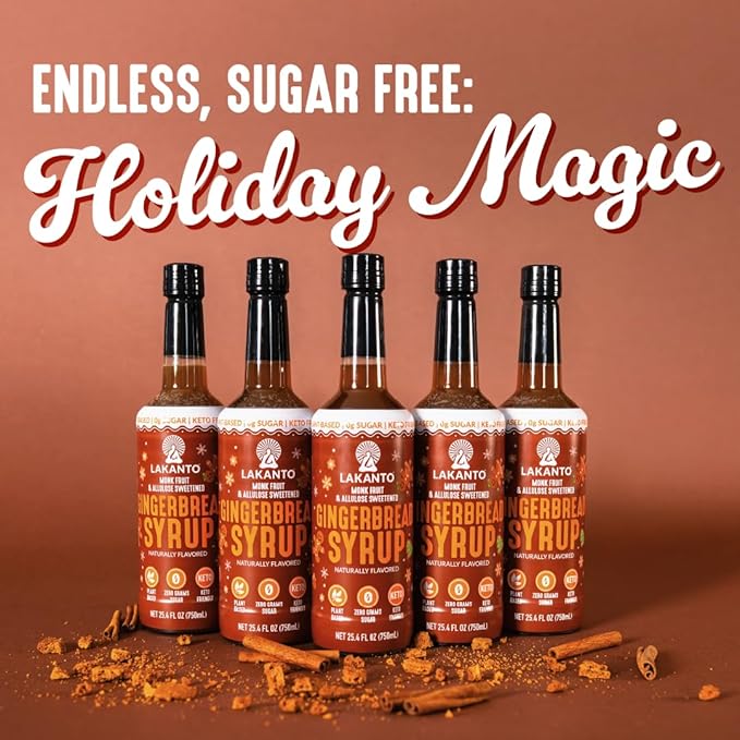 Lakanto Gingerbread Simple Syrup - Perfect for Coffee, Tea, Lattes, Smoothies, Cocktails, Baking & Holiday Drinks, Monk Fruit Sweetener with Allulose Zero Sugar, Keto Diabetic Friendly (25.4 Fl Oz)