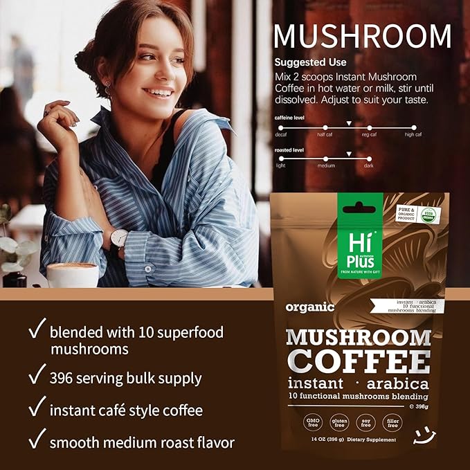 Organic 10-in-1 Mushroom Coffee Powder with Lion’s Mane & Reishi, Instant Arabica Blend for Smooth Energy, Focus & Immune Support, Low-Acid, 158 Servings