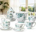 ACMLIFE Bone China Tea Sets for Adults, Blue and White Tea Gift Set, 21 Piece Porcelain, Cup and Saucer Set for 6 Vintage Floral Party for Women or Christmas Gifts Giving (Blue-Leaf-21)