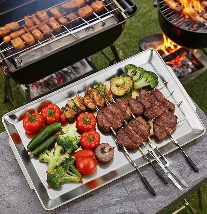 16.3" x 11" Large Serving Platters Set of 2, Stainless Steel Heavy-Duty Large Serving Trays, Silver Rectangular Plates for Food, Fruit, Party, Wedding, Christmas, Chip and Scratch Resistant