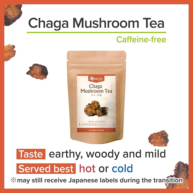 Onkatsu Farm Chaga Mushroom Premium Japanese Tea Bags, Earthy Woody Flavor, Hot or Iced, Caffeine Free, 30 Total Tea Bags
