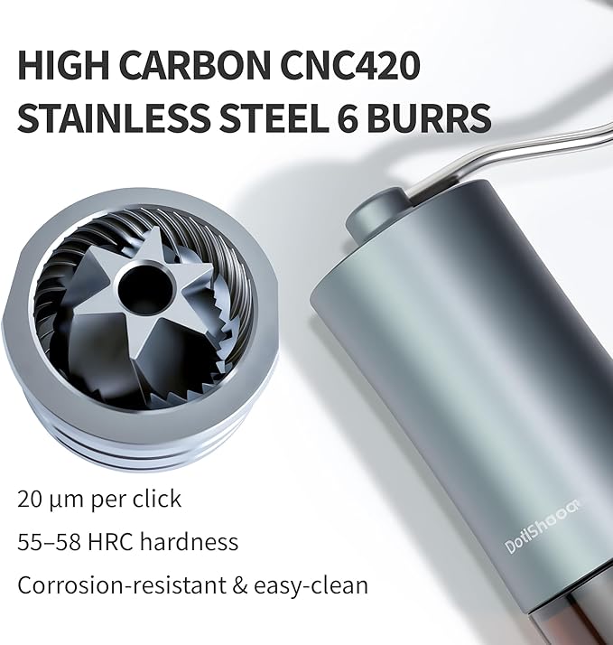 6-Burr Manual Coffee Grinder – Easy-Use CNC420 High-Carbon Steel, Gray Aluminum Body & Glass Jar, 25 g Capacity, Slim design for travel