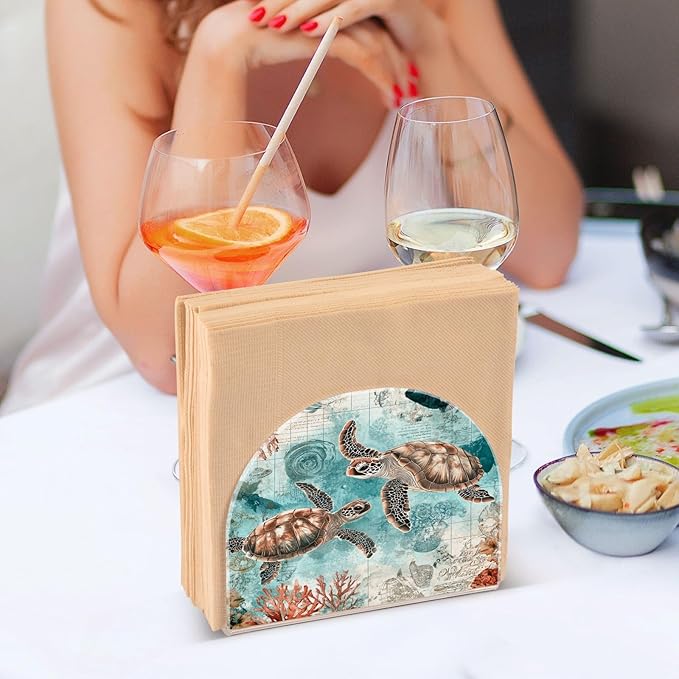 Vintage Ocean Sea Turtle Map Napkin Holder for Table Paper Cocktail Napkin Holders for Kitchen Dinning Acrylic Dinner Napkin Dispenser for Dinner Home Decor Bar 2 Pack