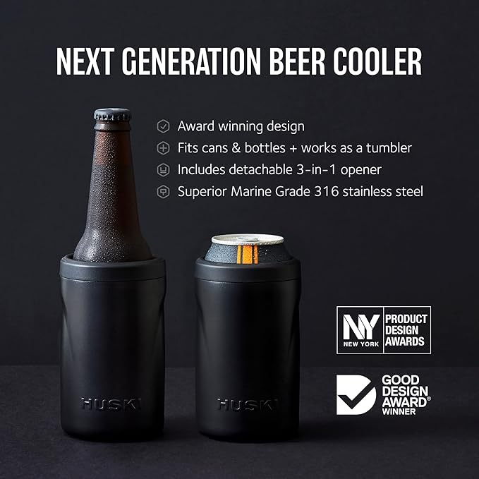 Huski Beer Cooler 2.0 | NEW | Premium Can and Bottle Holder | Triple Insulated Marine Grade Stainless Steel | Detachable 3-in-1 Opener | Works as a Tumbler | Best Gifts for Beer Lovers (White)