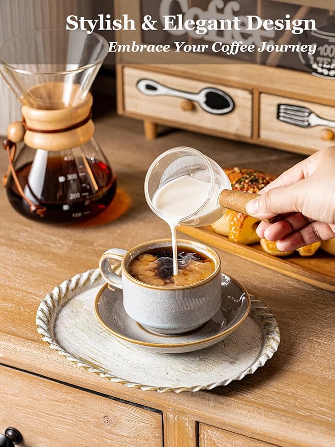 Gomakren 6 Ounce Cappuccino Cups with Saucers and Metal Stand, Stackable Coffee Cup Set of 4, Christmas Porcelain Espresso Cups for Coffee Drinks, Cappuccino, Latte, Americano, Tea, Gray